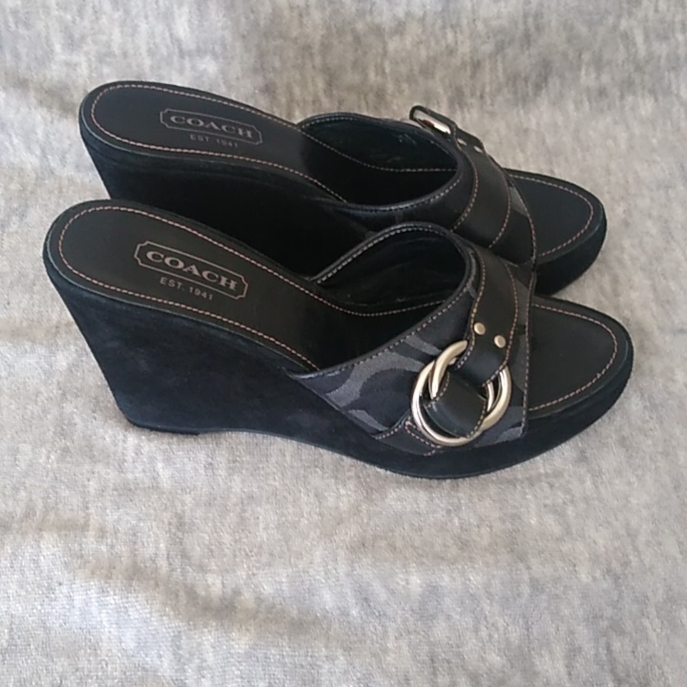 Coach Black and Silver Wedge Sandals - Picture 4 of 16